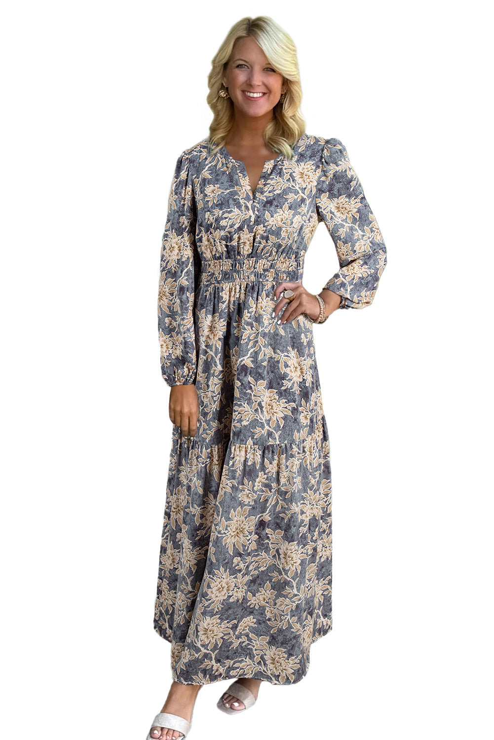 Floral Print Smocked High Waist Long Sleeve Maxi Dress