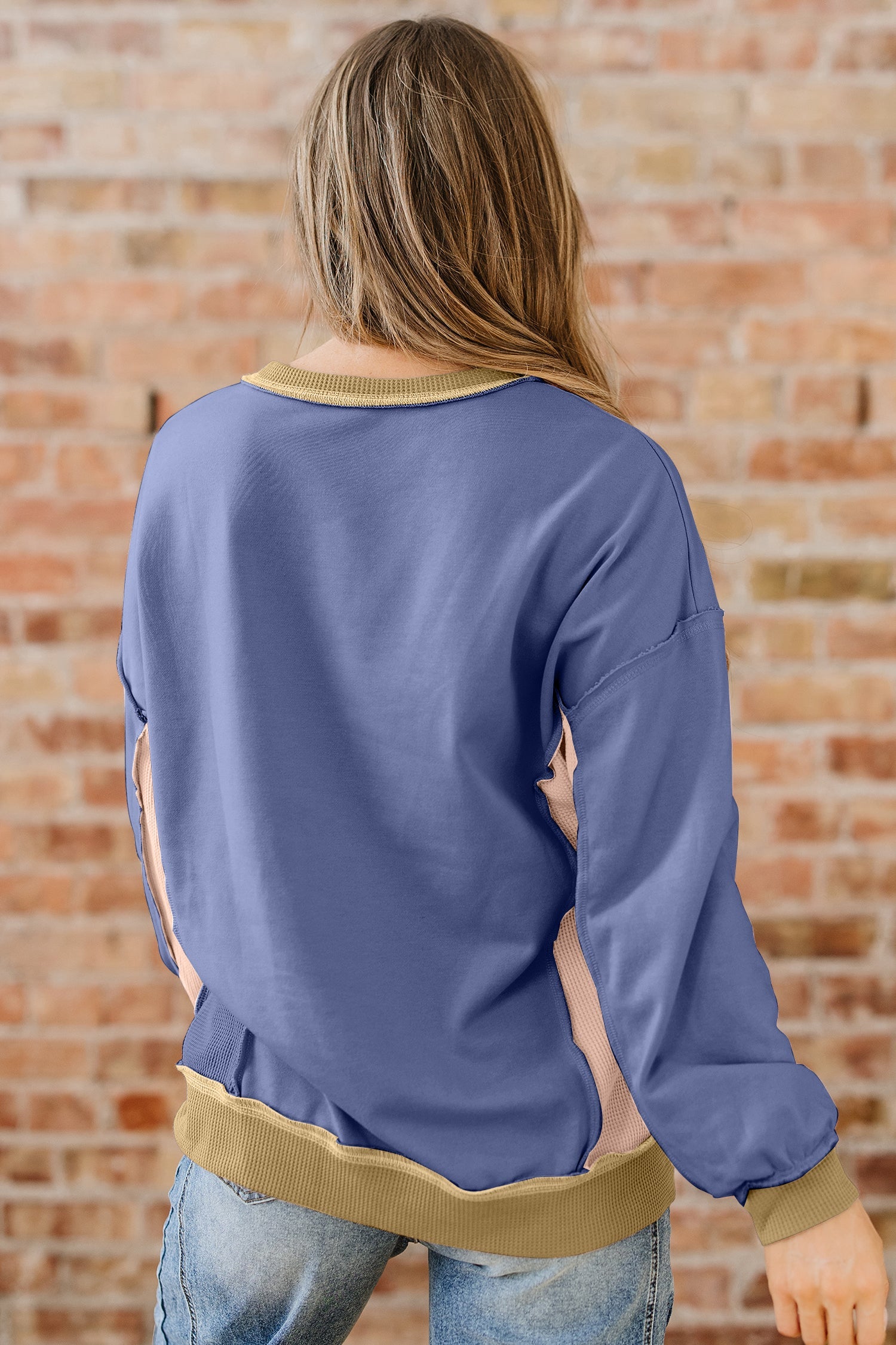 Mix Texture Waffle Patchwork Oversize Sweatshirt - Tops/Sweatshirts & Hoodies