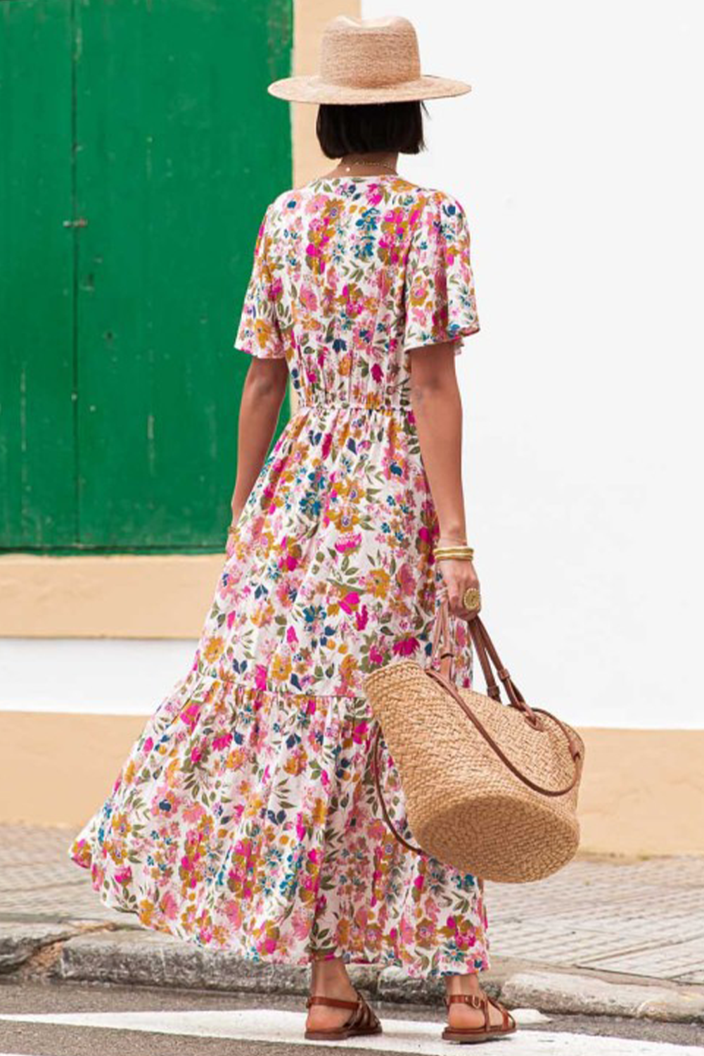 Red Floral Short Sleeve V Neck High Waist Maxi Dress eAura