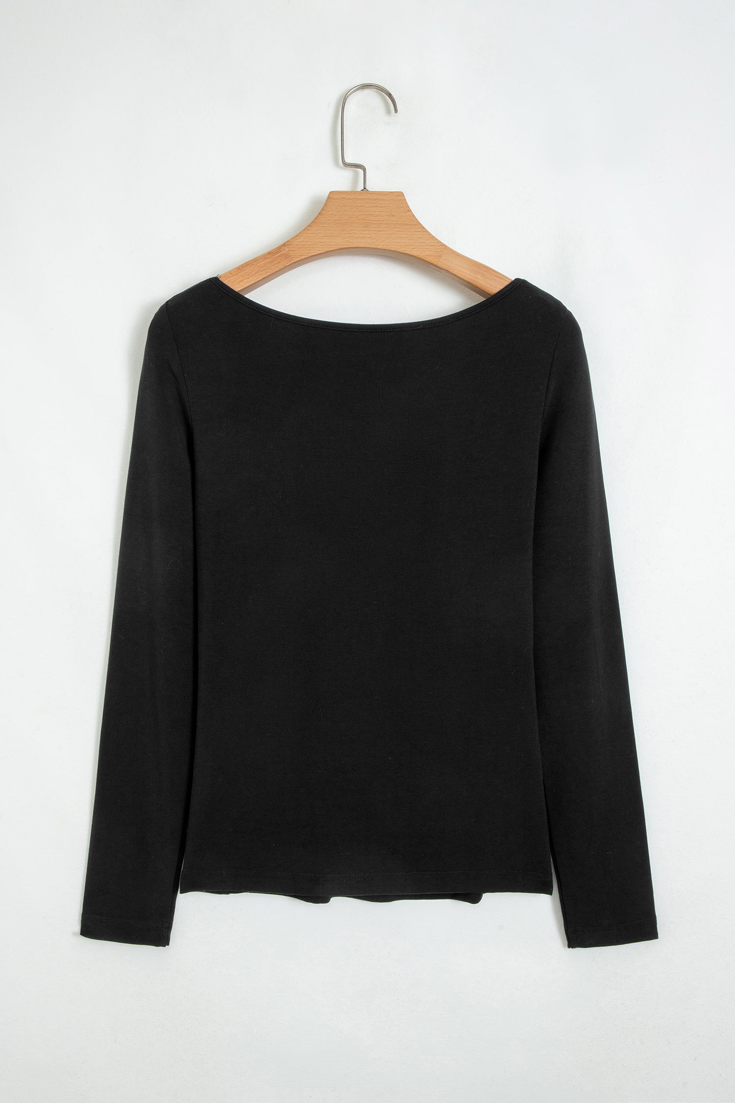 Lace Trim Elegant Neckline Long Sleeve Slim Top – Black