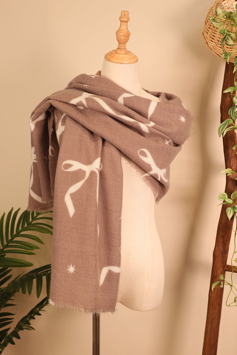 Bow Print Raw Edge Lightweight Scarf Shewin