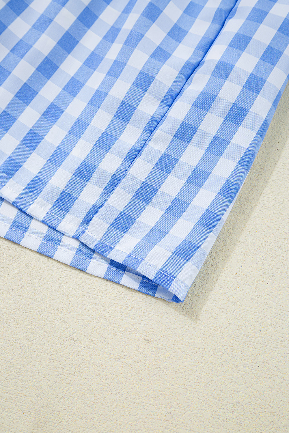 Sky Blue Gingham Short Sleeve Button Tie Split Neck Loose Mini Dress eAura