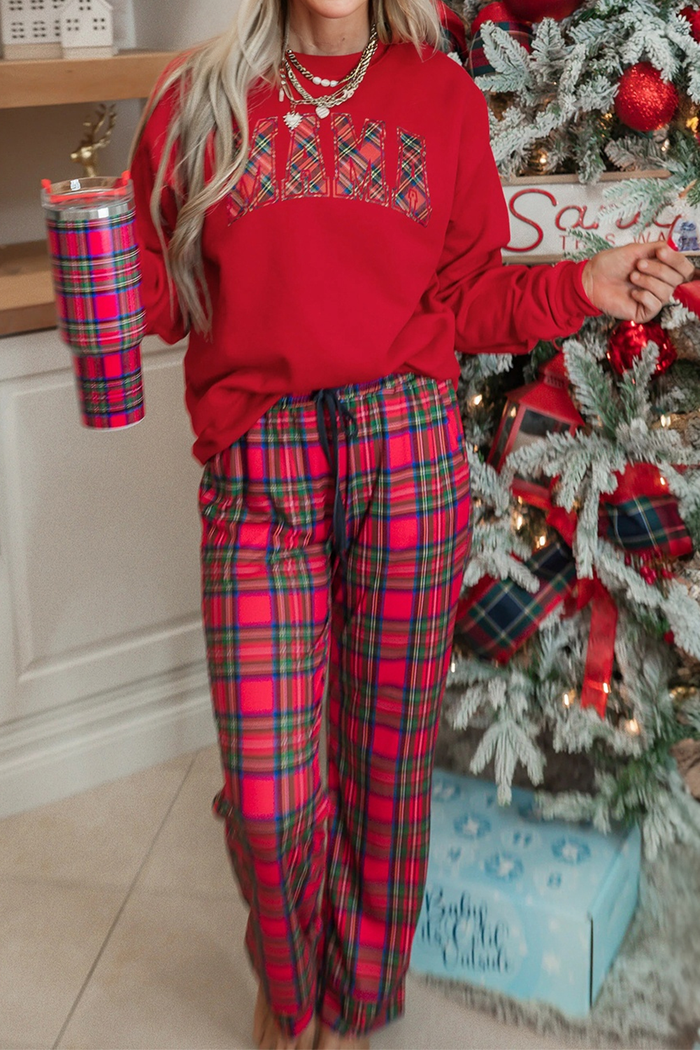 Plaid Mama Graphic Christmas Holiday Crewneck PJs eAura