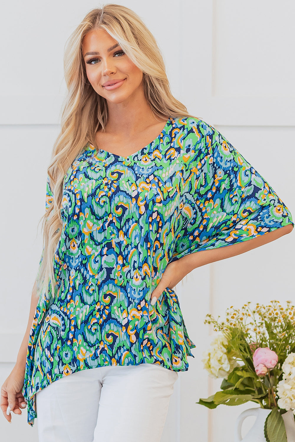 Green Abstract Print V Neck Half Sleeve Loose Fit Tunic Blouse eAura