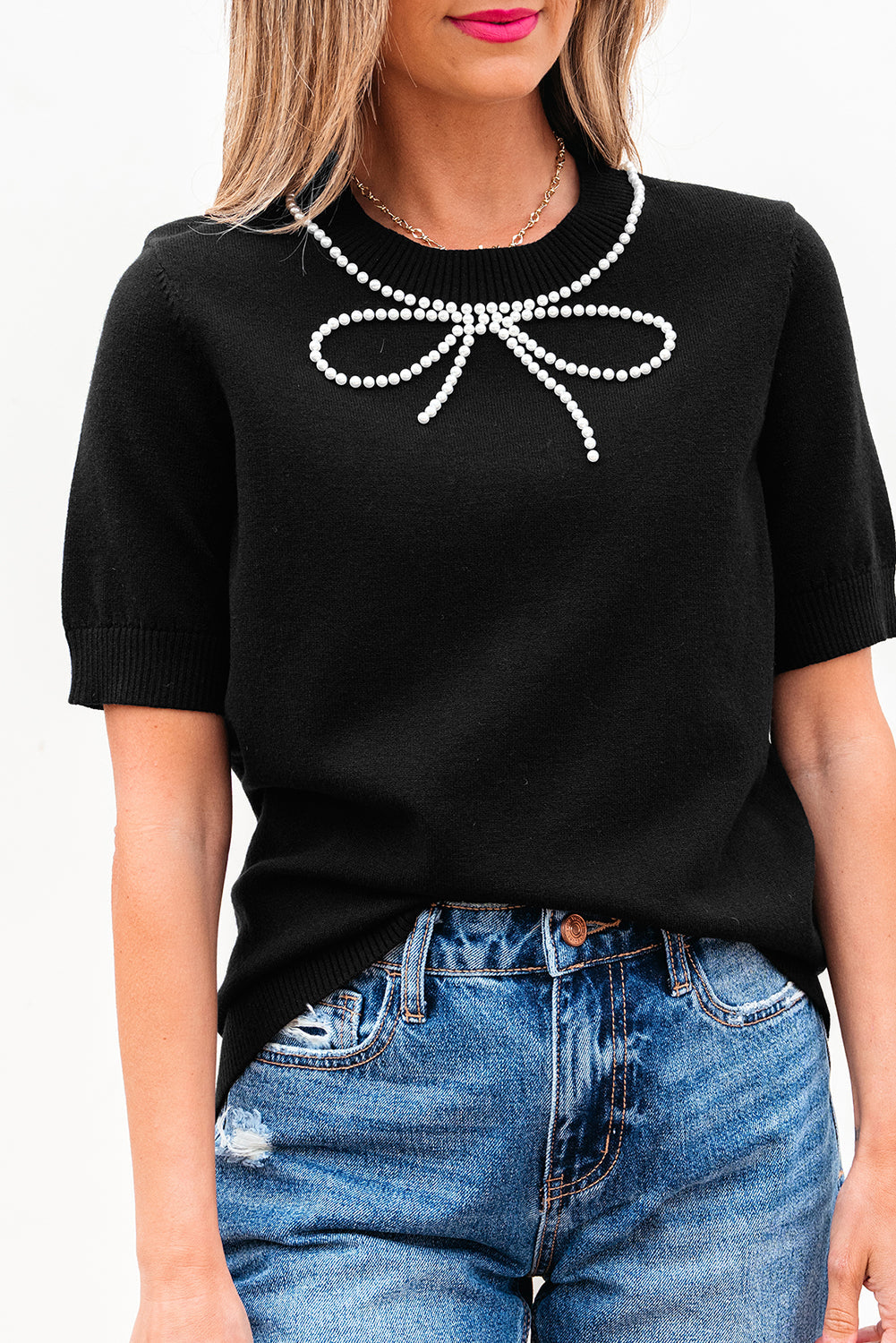 Black Pearl Bow Necklace Embellished Short Sleeve Knitted T Shirt eAura