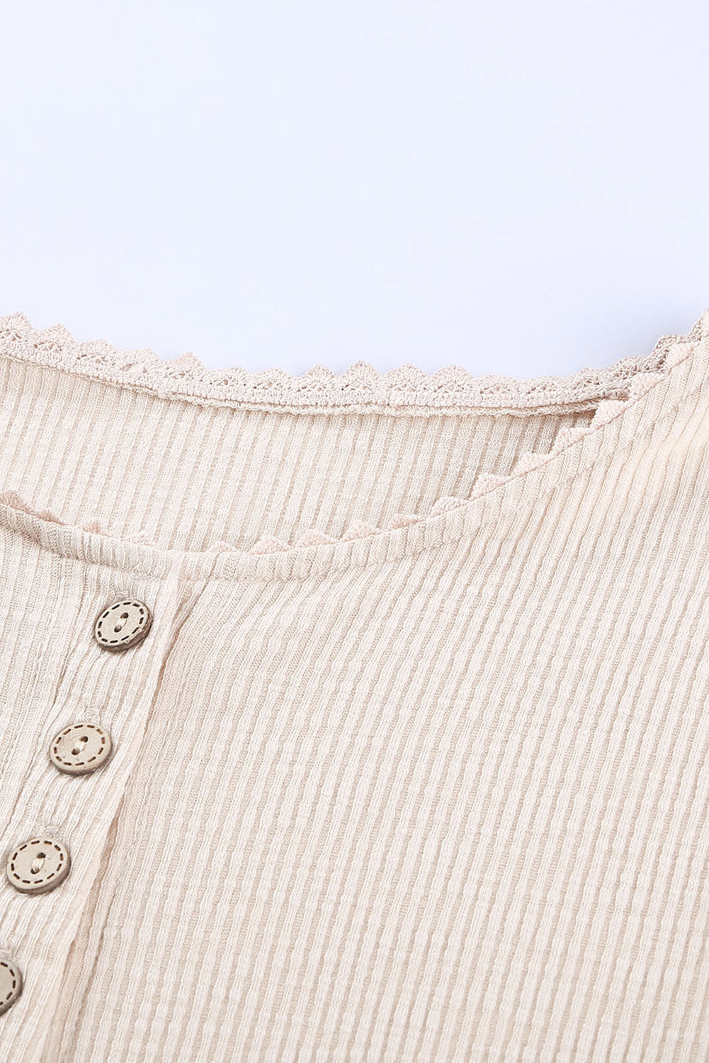 Beige Crochet Lace Hem Sleeve Button Top - eAura