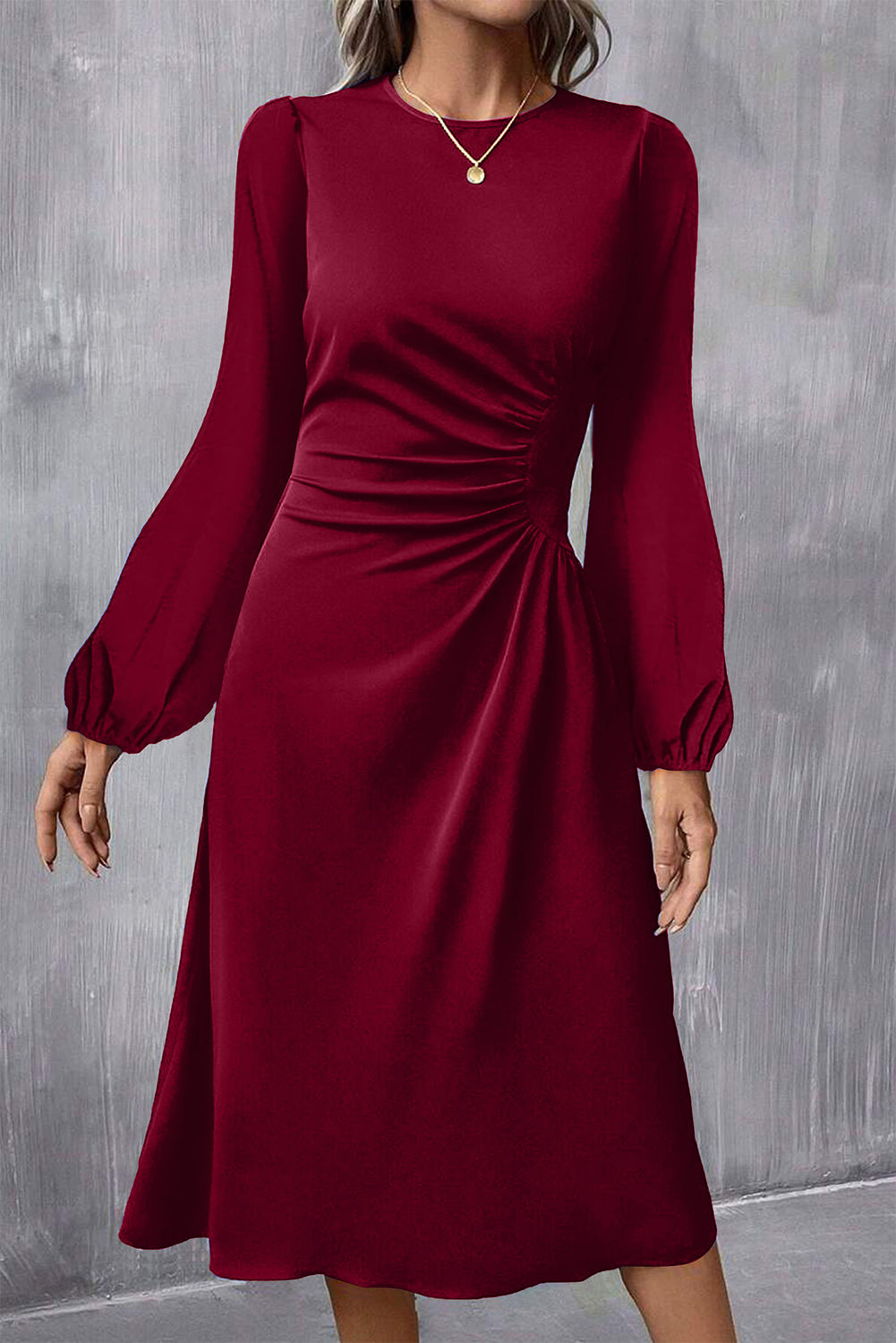 Burgundy Solid Color Ruched Detail Long Sleeve Midi Dress Dear-Lover Dropshipping