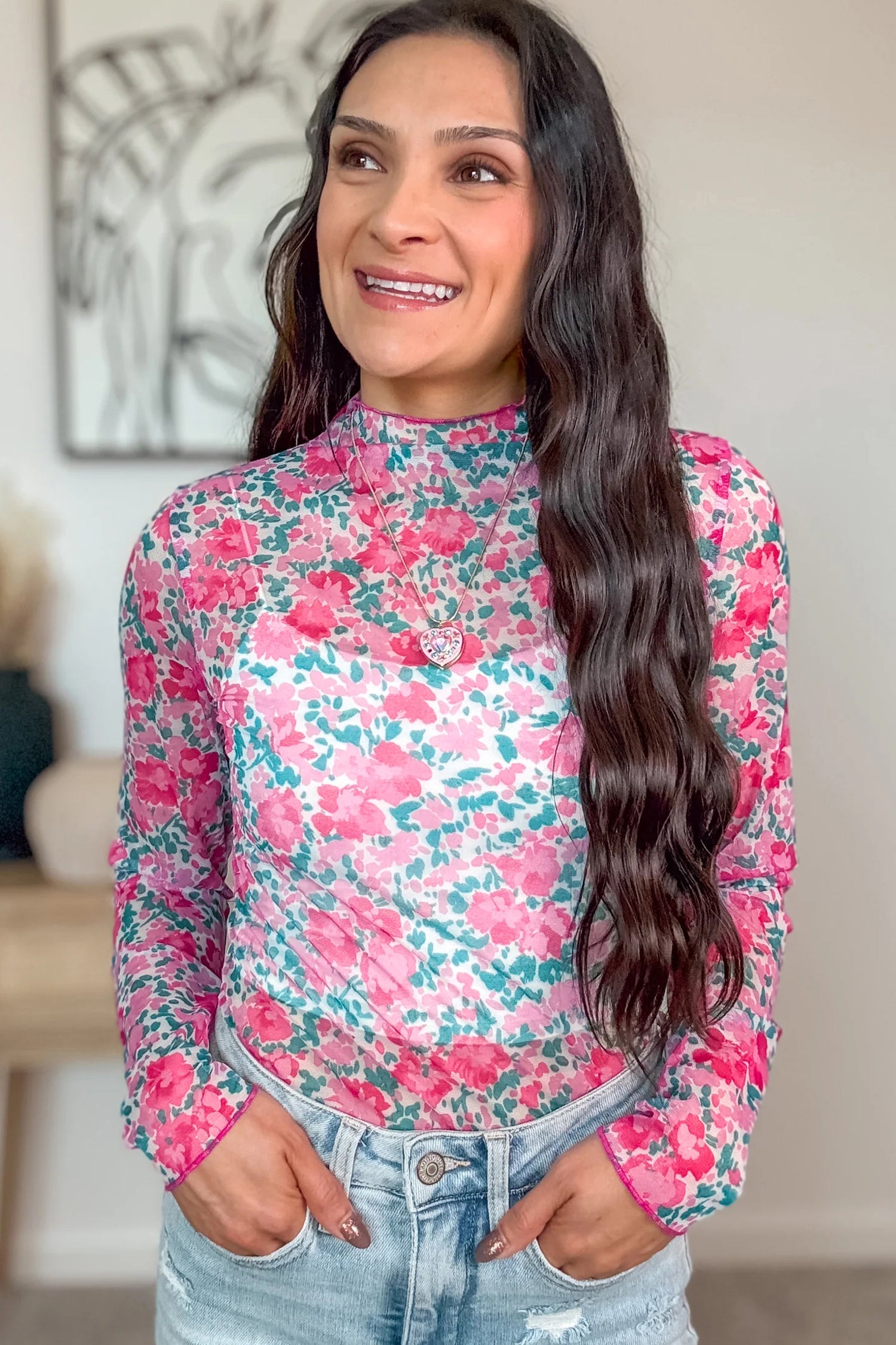 Slim Fit Floral Mesh Long Sleeve Mock Neck Top - eAura