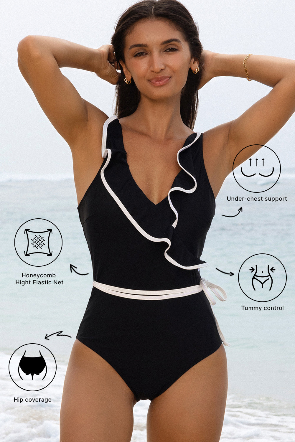 Black Colour Contrast Ruffled Wrap V Neck Swimsuit eAura