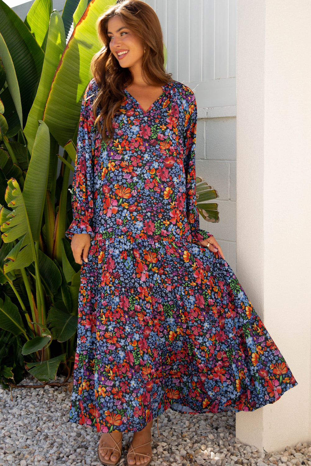Floral Print Tassel Tie V-Neck Long Sleeve Flowy Long Dress - eAura