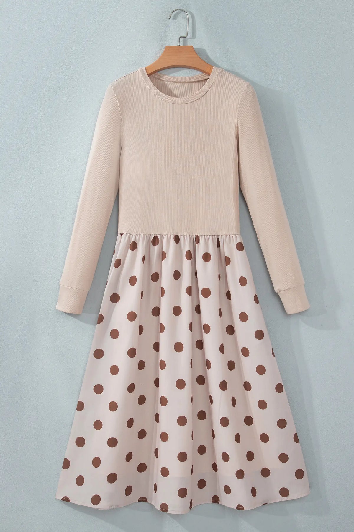 Polka Dot Midi Long Sleeve Dress – Beige