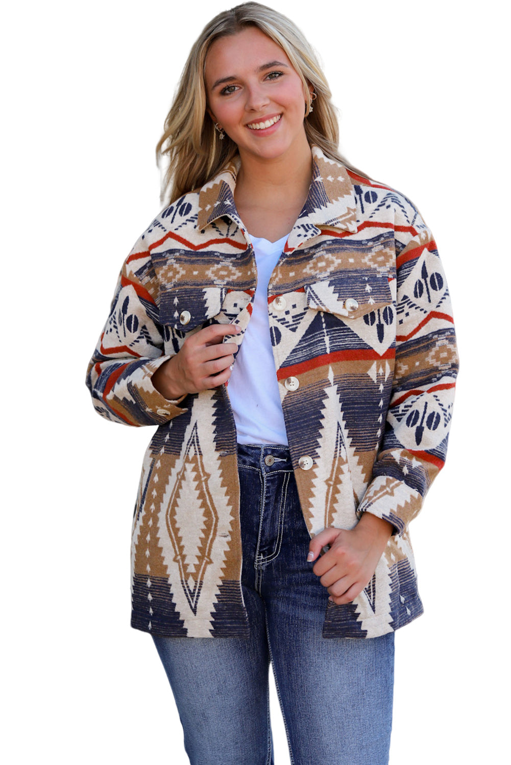 Multicolour Aztec Print Button-Up Oversized Jacket eAura