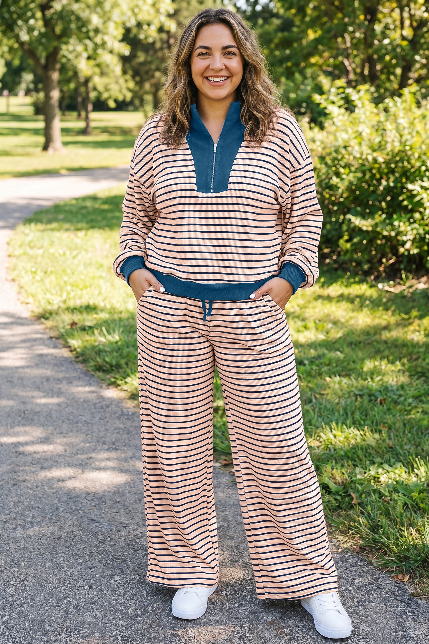 Striped Colorblock V Neck Long Sleeve Plus Size Set – Pink Stripe