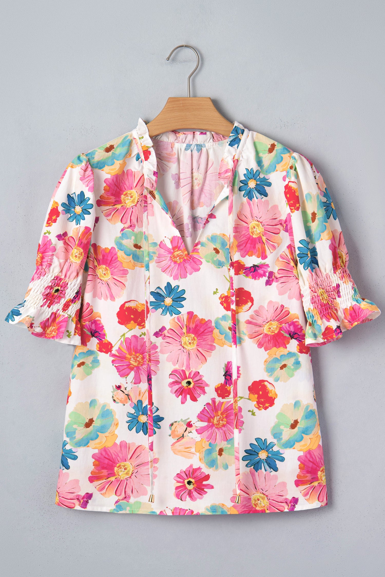 Vibrant Summer Floral Tie V-Neck Short Puff Sleeve Blouse