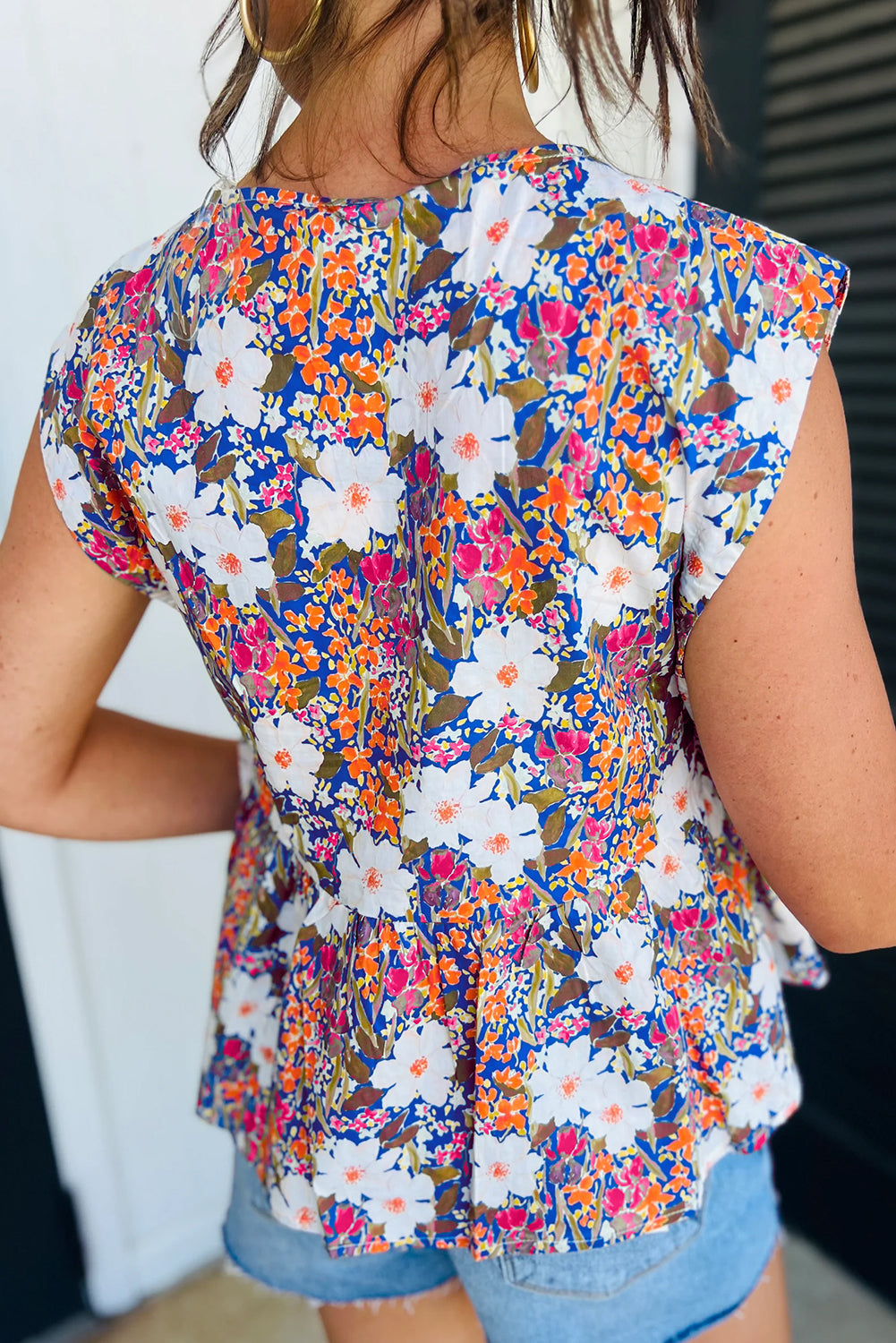 Rose Green Floral Print Bow Applique Slit Sleeveless Peplum Blouse eAura
