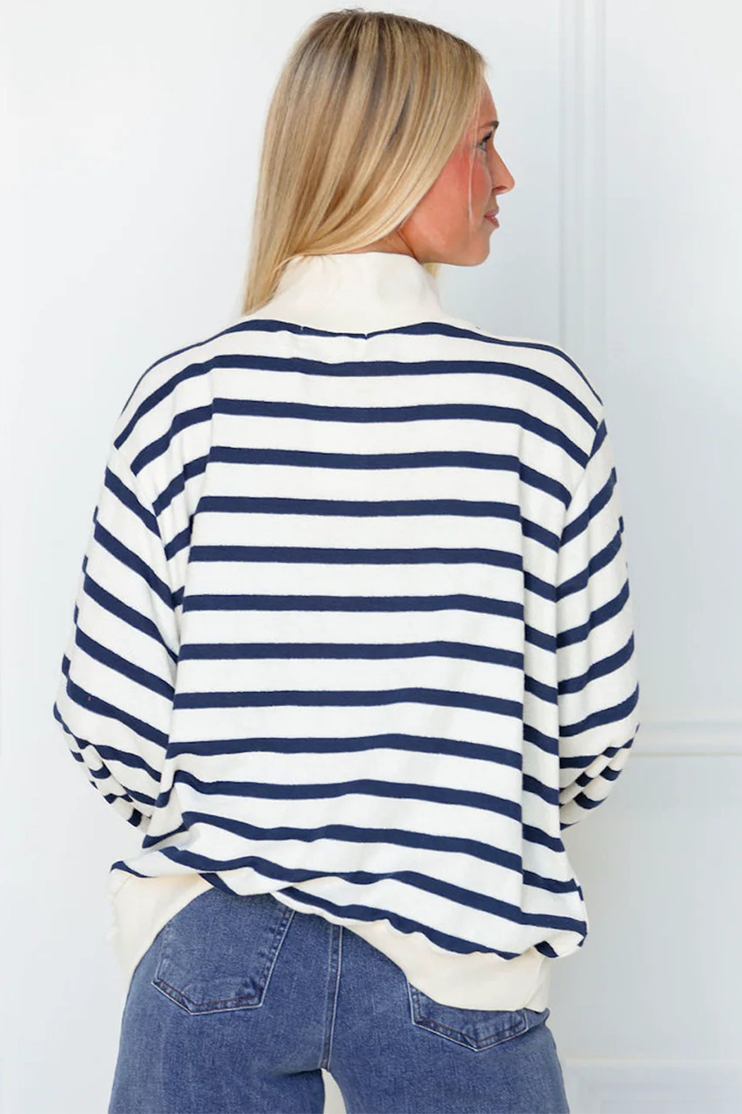 Striped Stand Neck Long Sleeve Ribbed Cuff Hem Sweatshirt – Blue Stripe