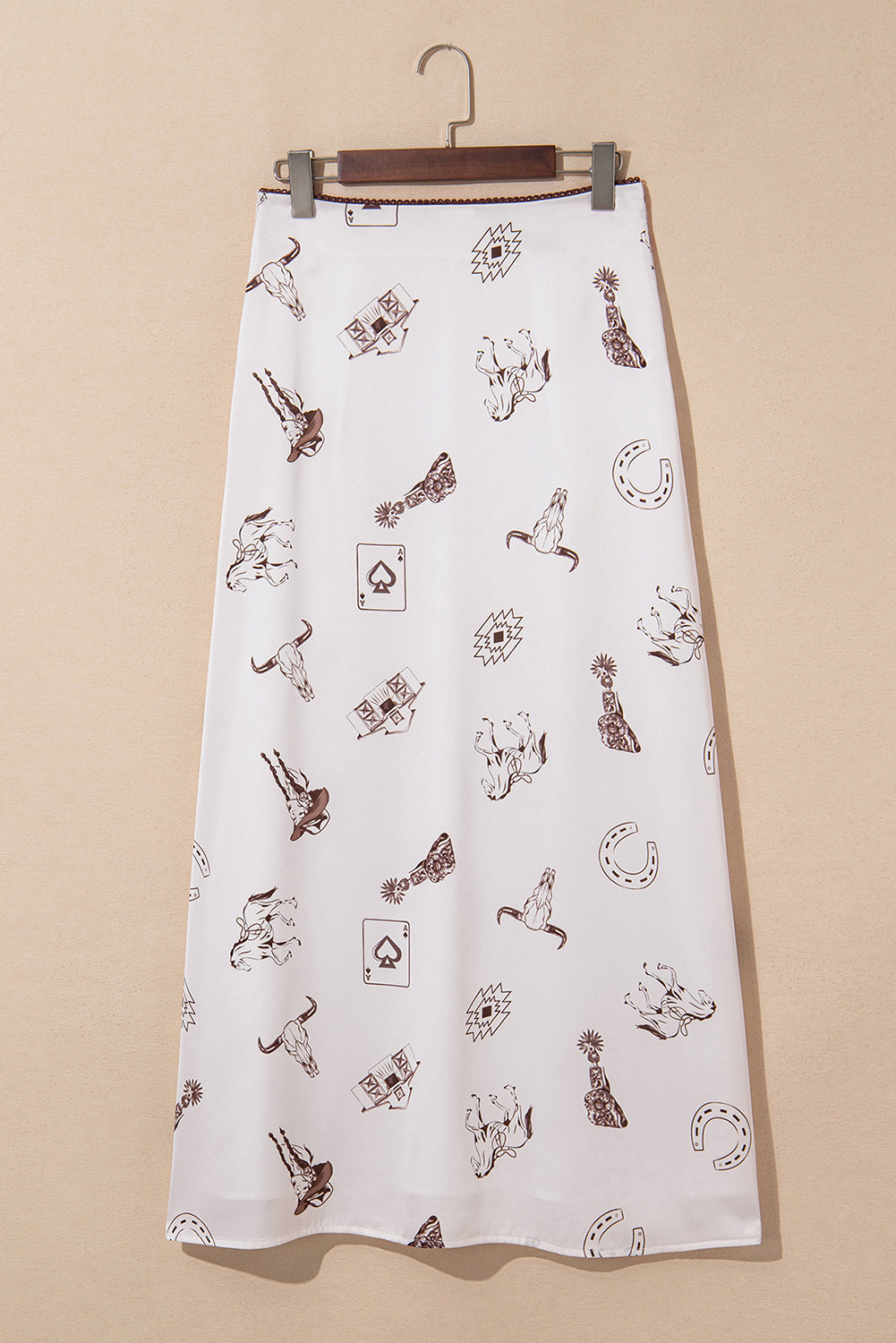 Western Print Satin Long Skirt – White