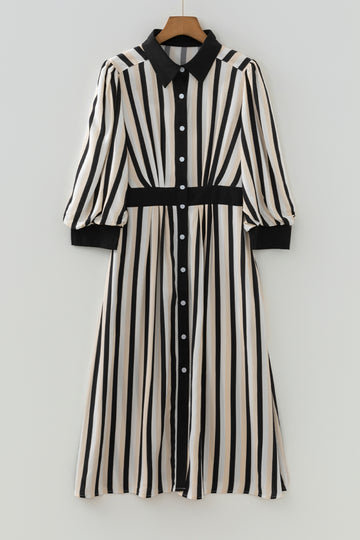 Black Stripe 3/4 Puff Sleeve Shirt Style Button Down Midi Dress