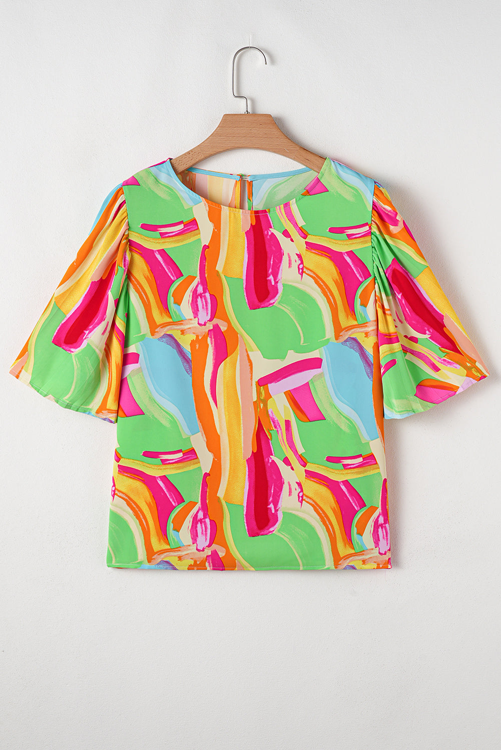 Multicolour Abstract Print Keyhole Back Pleated Half Sleeve Blouse eAura