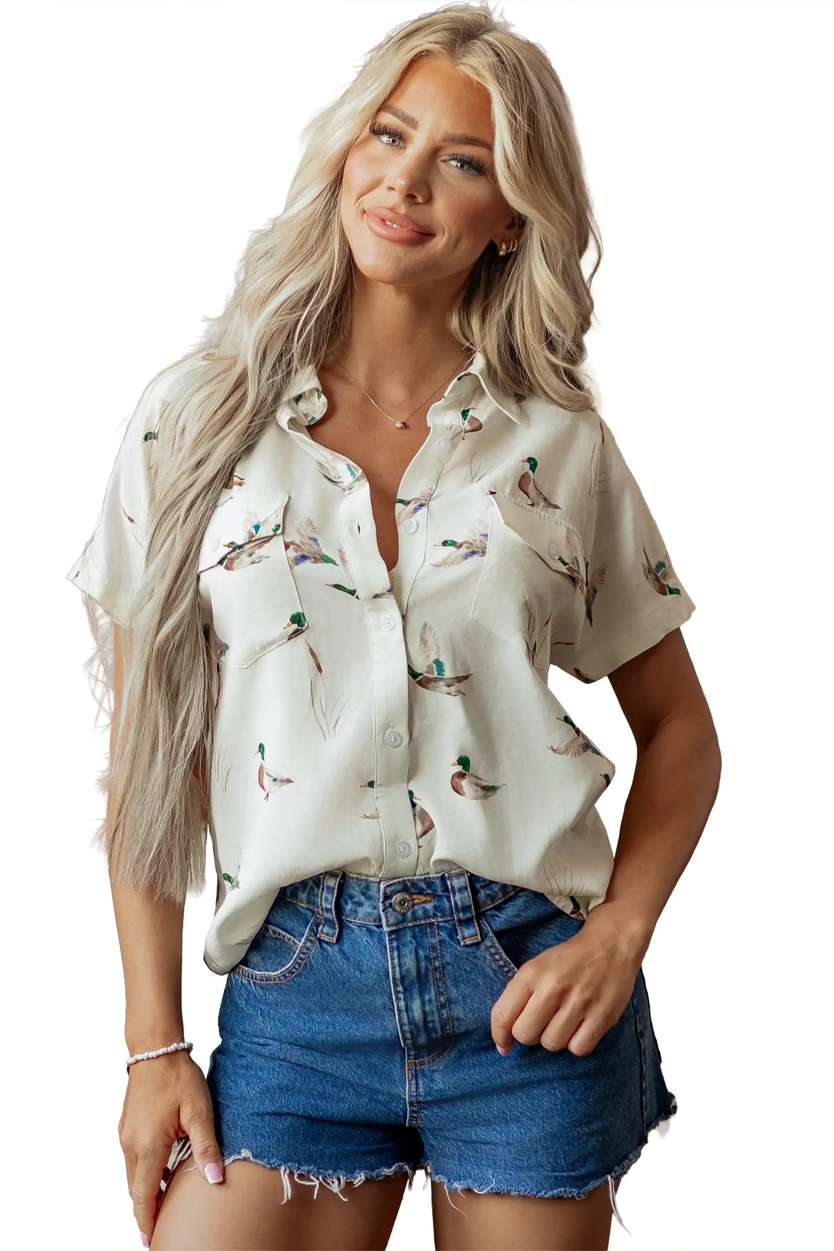 Mallard Printed Button Flap Pocket Short Sleeve Shirt – White