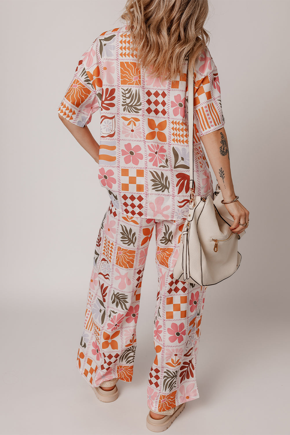 Orange Plant Checkered Print Collared Shirt and Wide Leg Trousers Set eAura