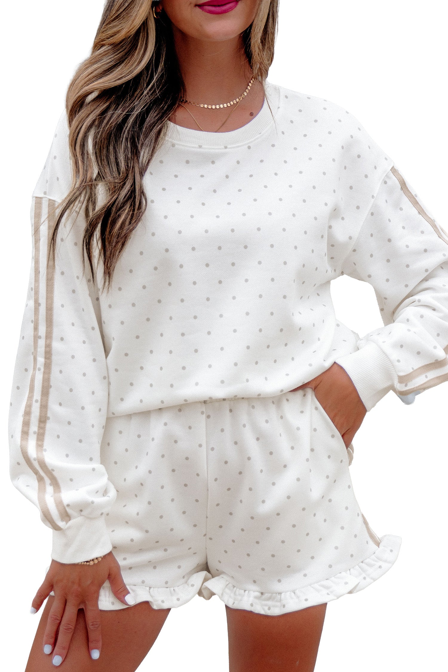 Polka Dot Print Side Stripe Detail Casual Sweatshirt 2pcs Short Set – White
