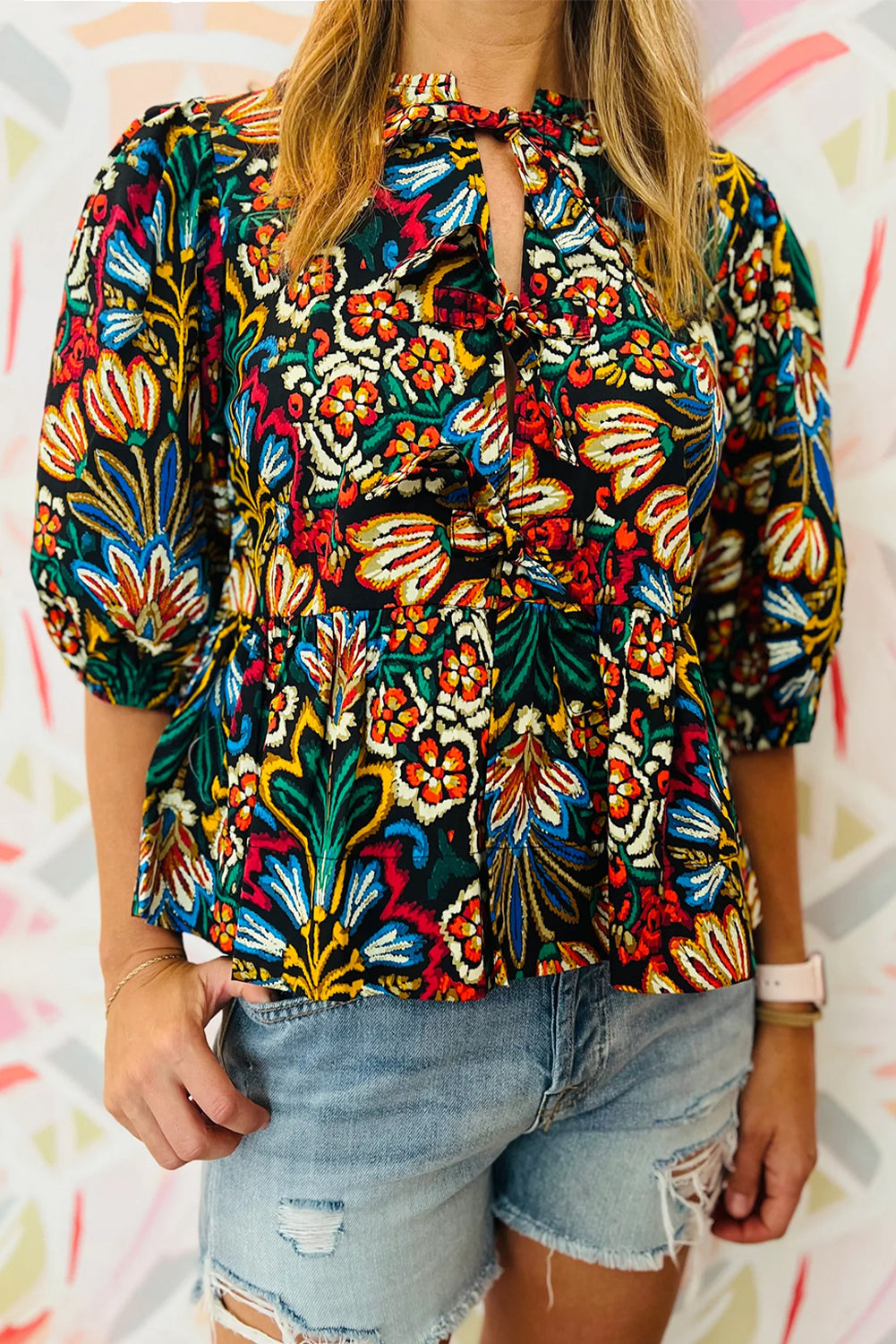 Black Tropical Print Bubble Sleeve Knot Front Blouse eAura