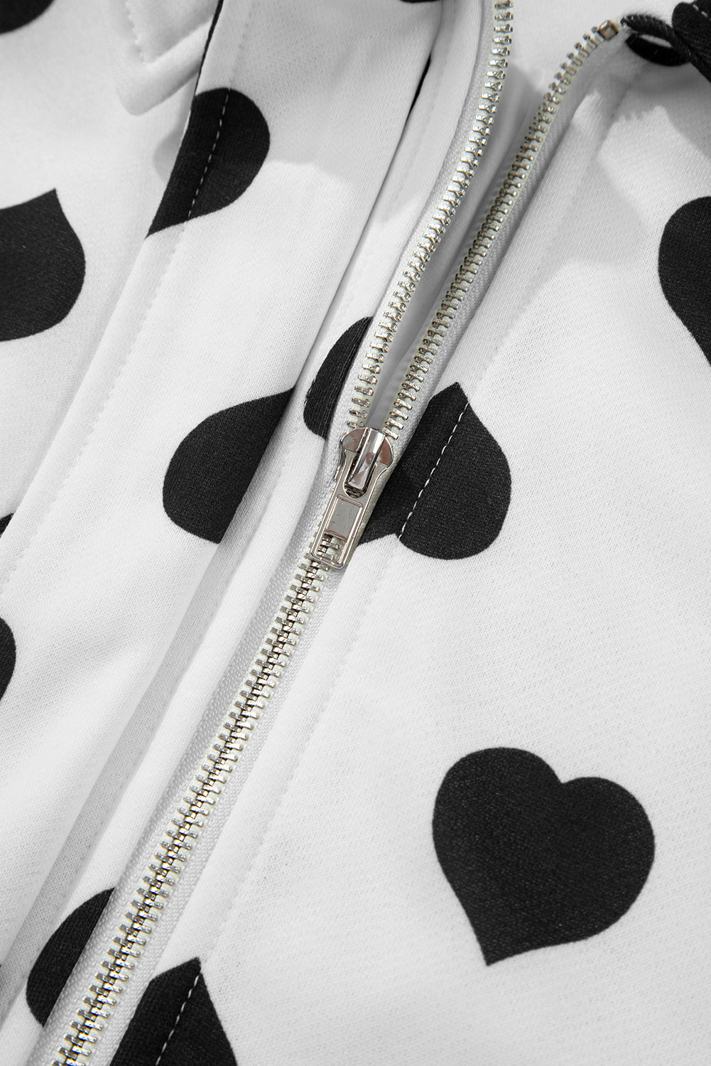 White Double Flap Pocket Heart Print Collar Zip Jacket - eAura