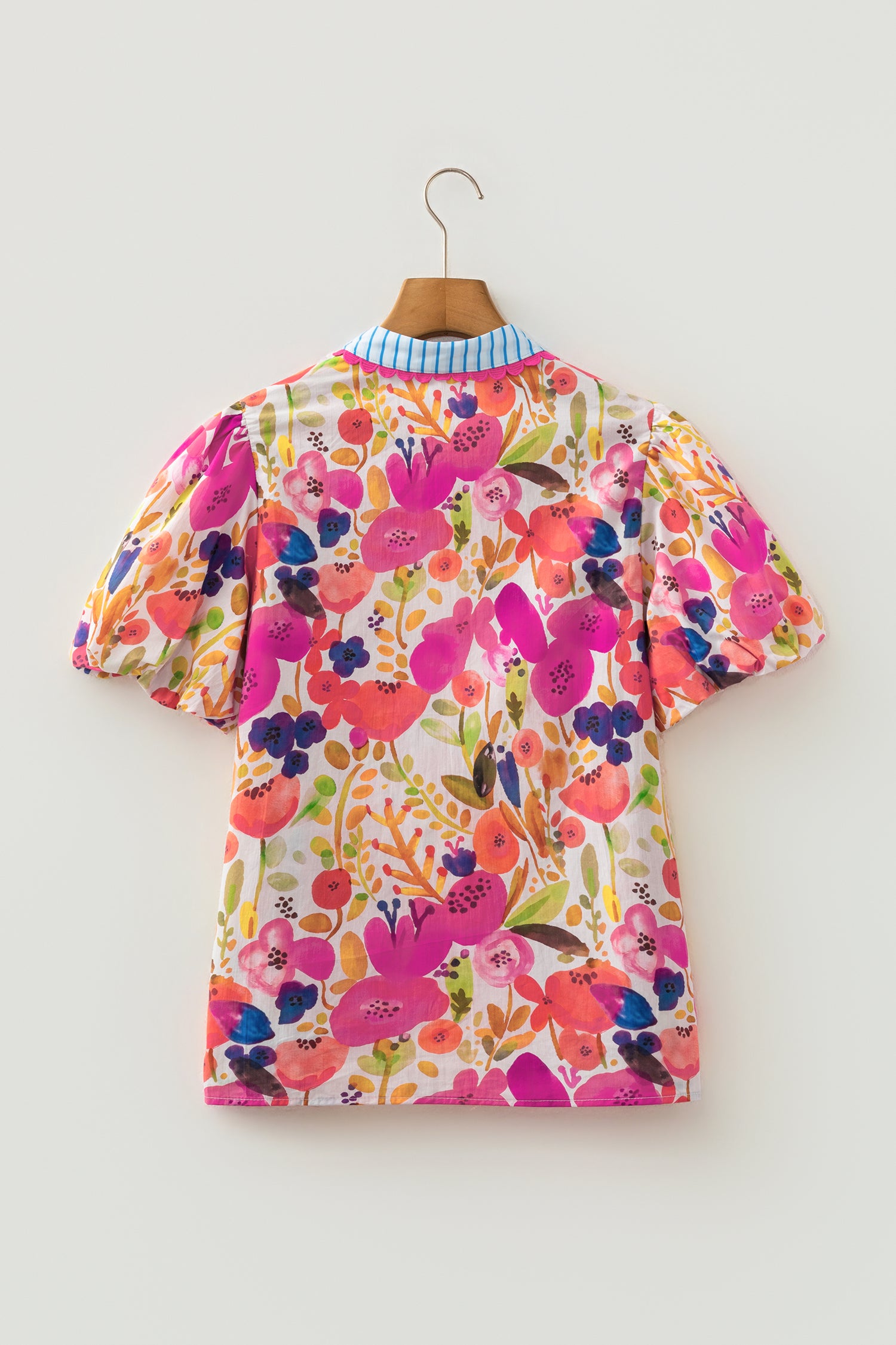 Floral Print V Neck Short Puff Sleeve Cotton Blouse – Rose