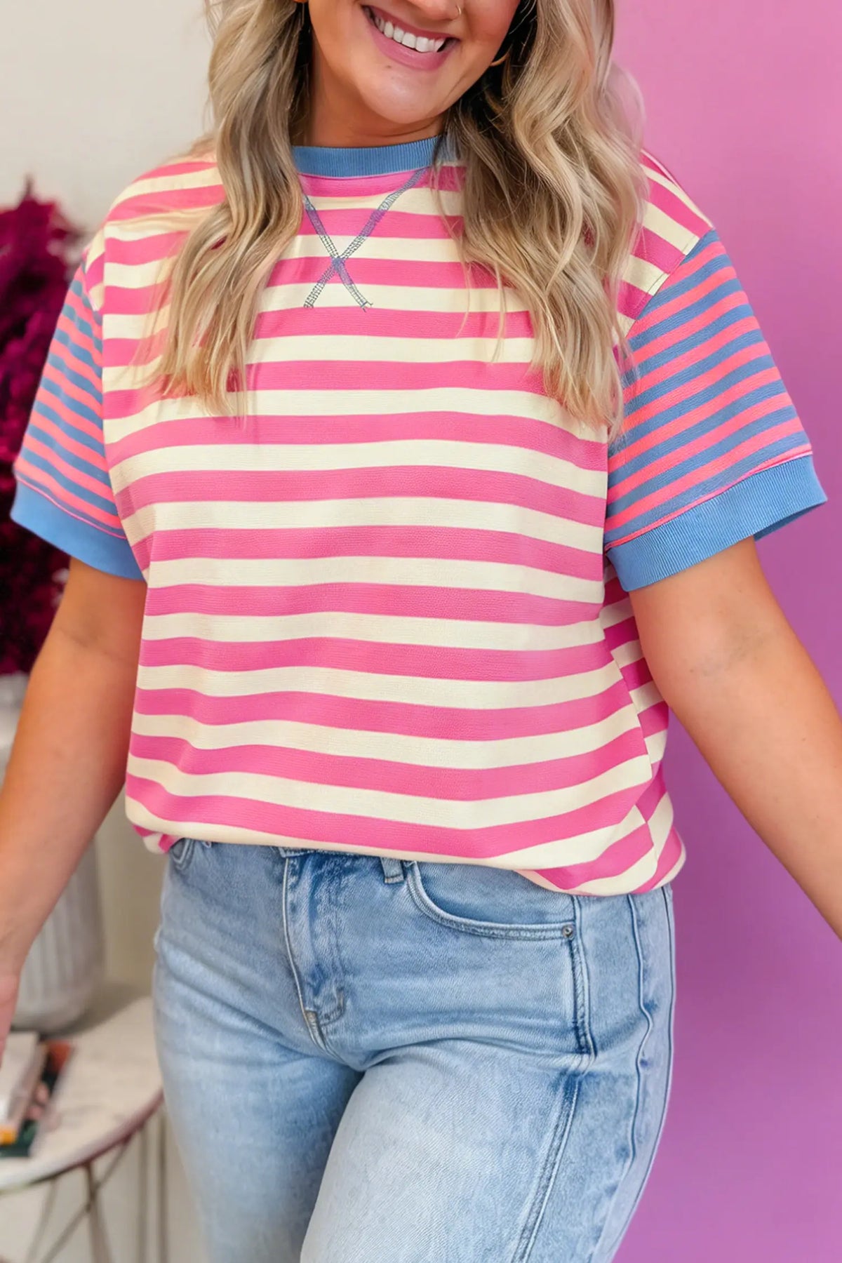 Contrast Patchwork Short Sleeve Loose Tee – Pink Stripe