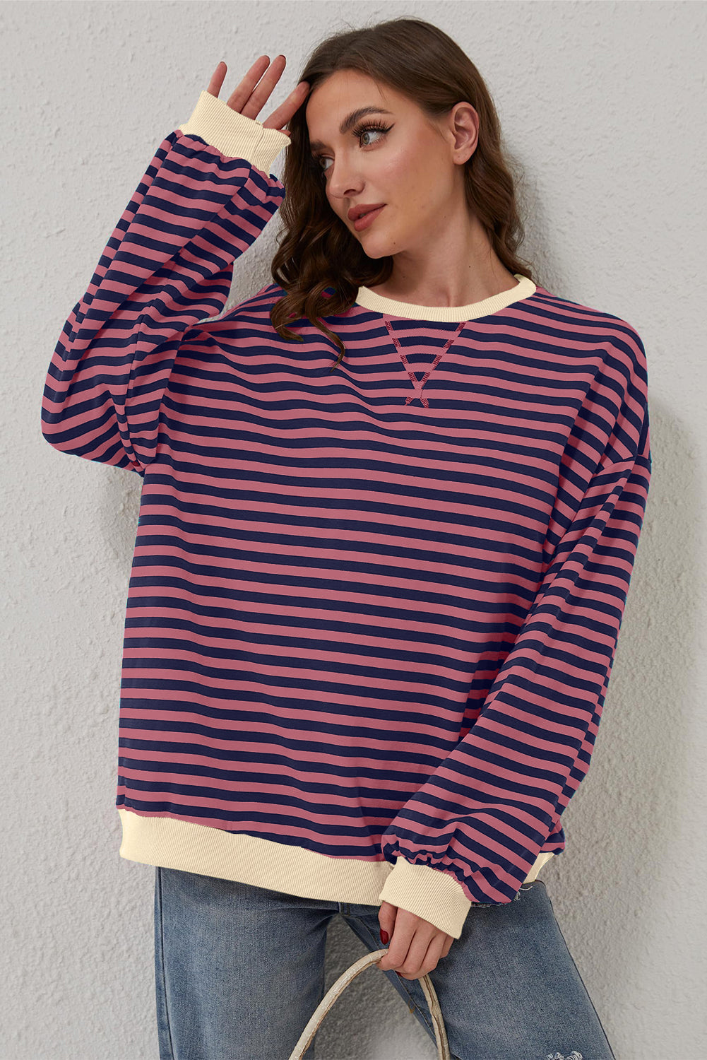 Sky Blue Stripe Oversized Contrast Trim Pullover Sweatshirt BB Fashion Outlet
