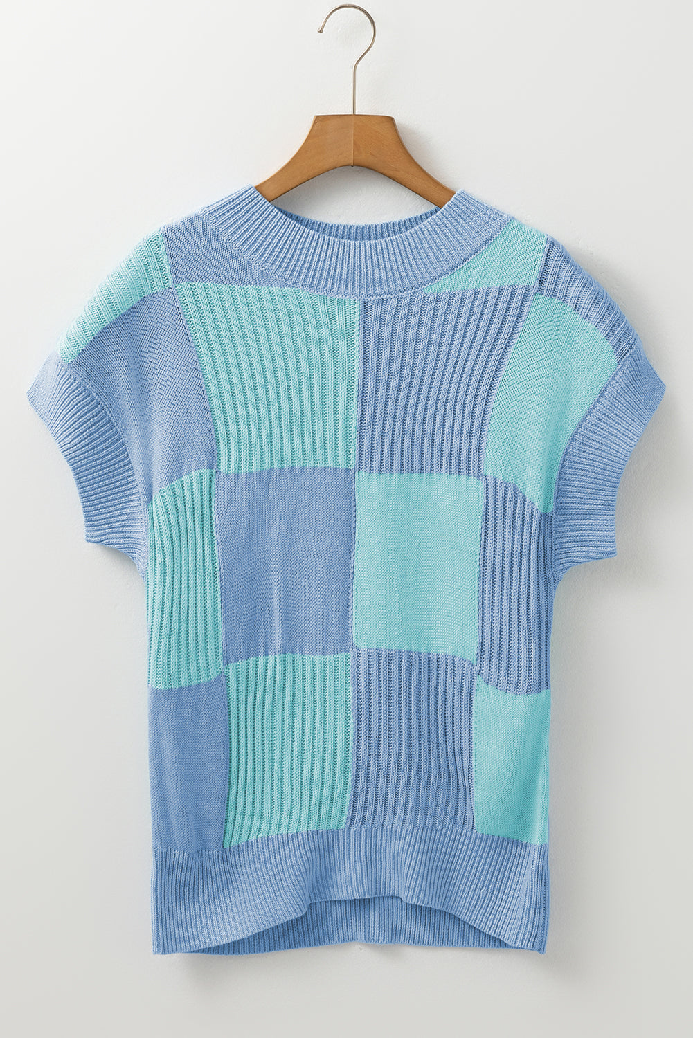 Light Blue Checkered Colour Block Crew Neck Short Sleeve Sweater eAura