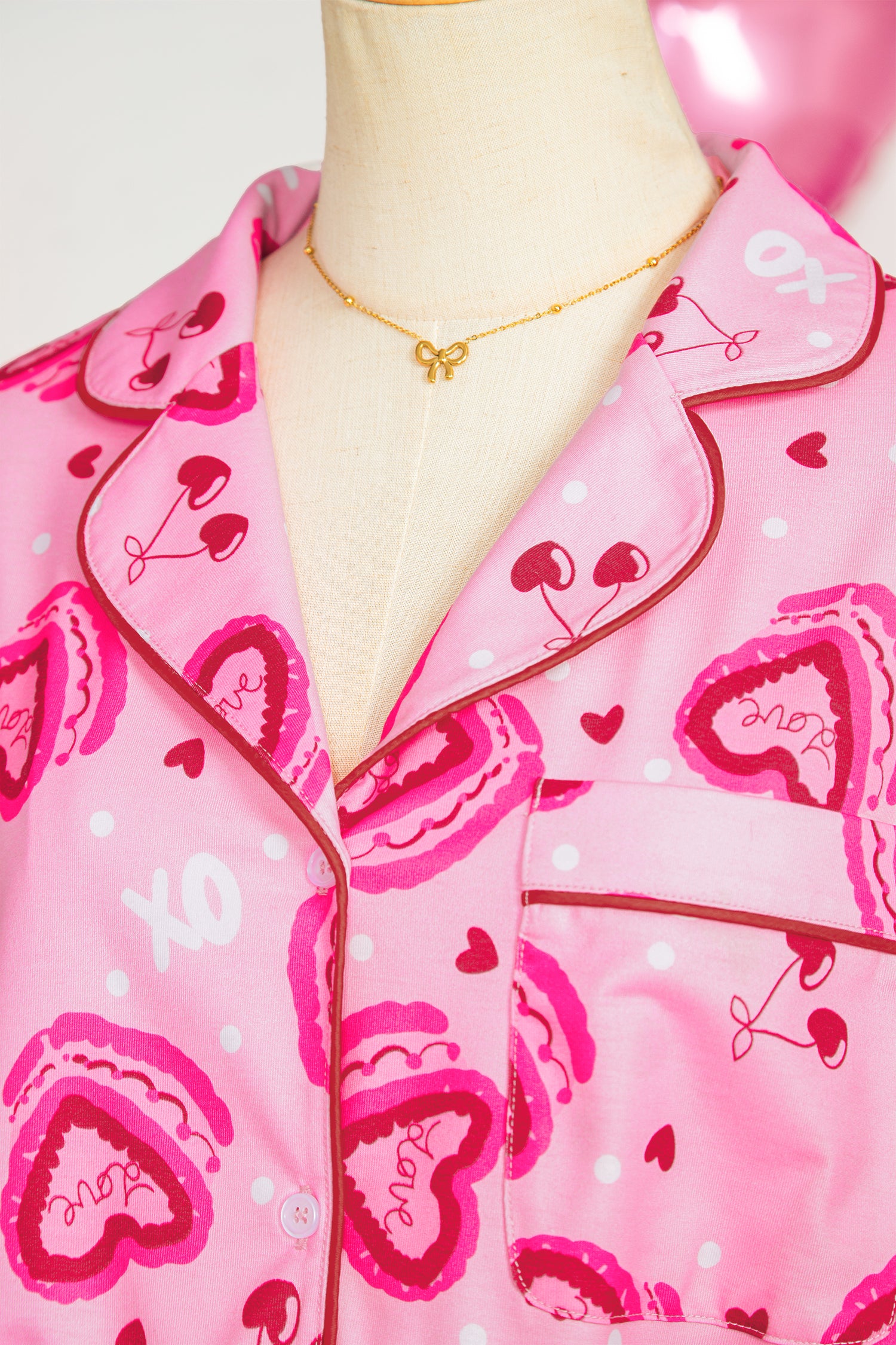 Sweet Heart Cake Print Contrast Ruffle Trim Valentines 2pcs Pajama Set – Pink