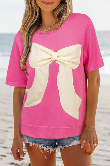 Strawberry Pink Contrasting Colour Ribbon Bow Front Patch Loose Tee with Slits eAura