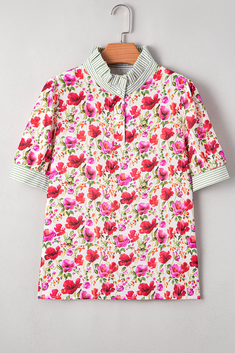 Red Floral Print Striped Patchwork Collared Short Sleeve Blouse eAura