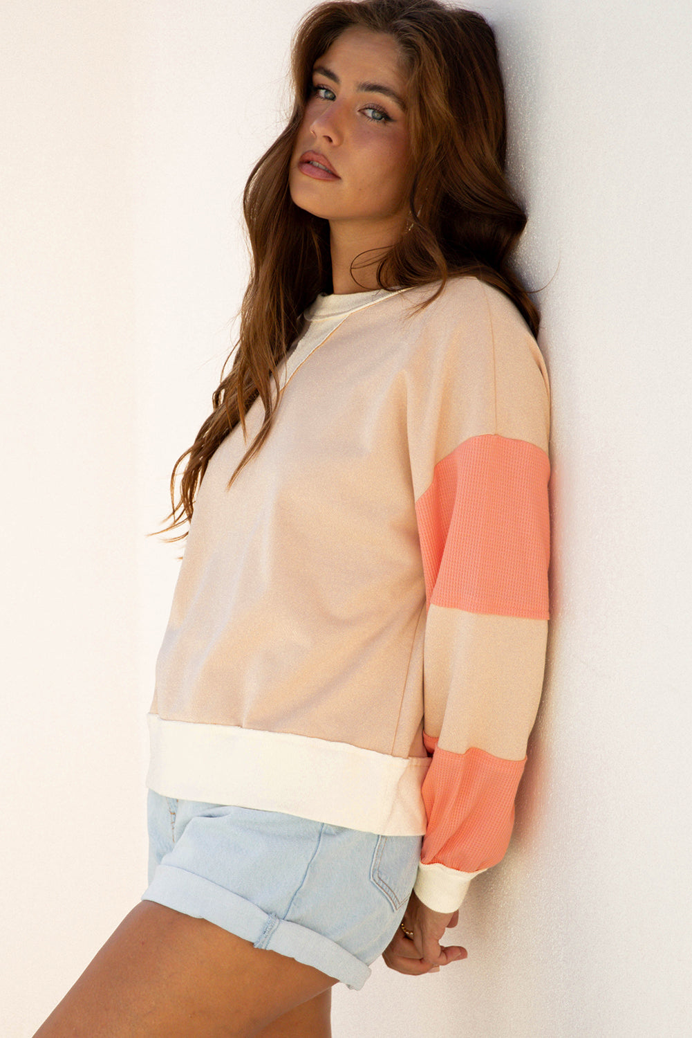 Beige Textured Patchwork Pullover Sweatshirt - eAura