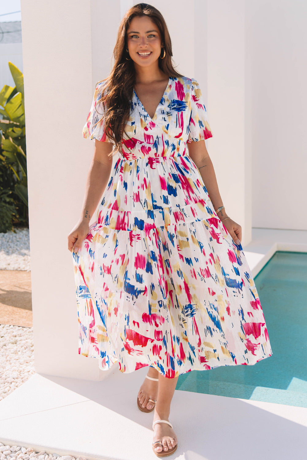 Rose Abstract Print Short Puff Sleeve Tiered Maxi Dress eAura