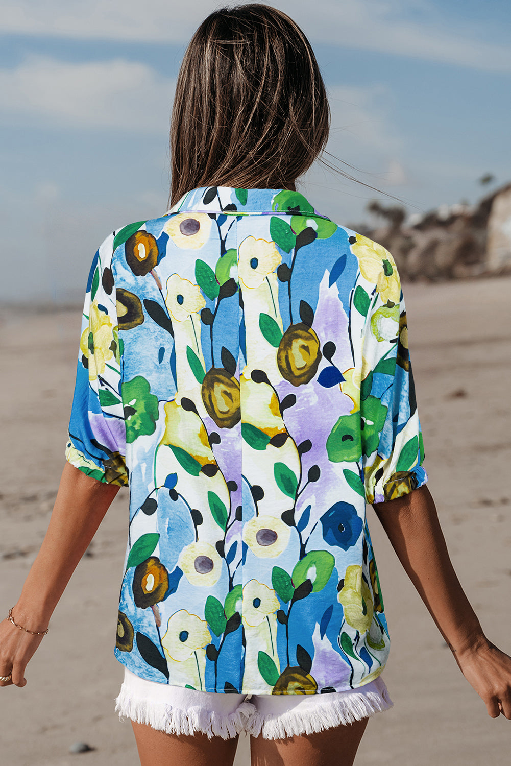 Light Blue Floral Print Slit V Neck Short Sleeve Blouse eAura