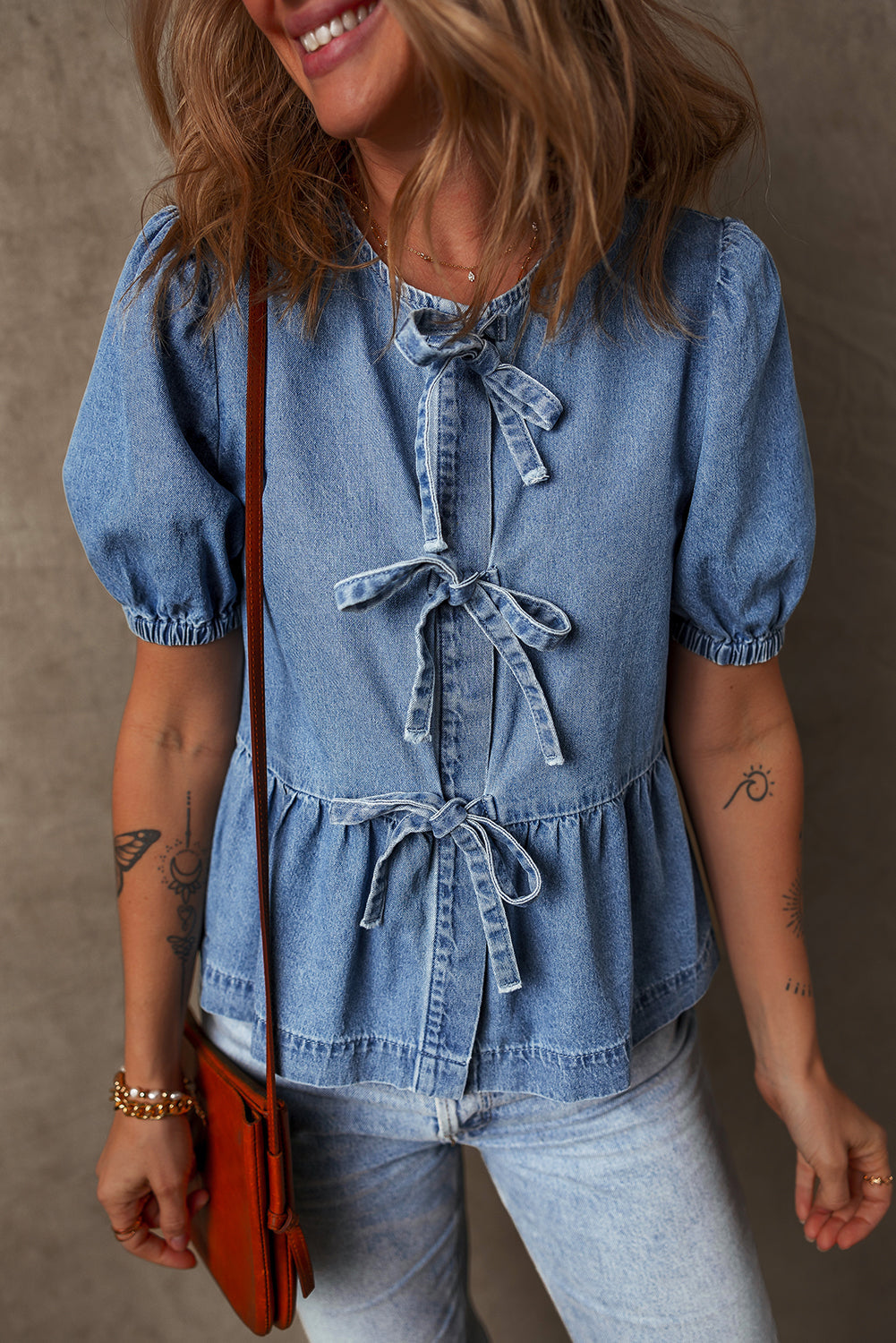 Dusk Blue Tied Front Bubble Sleeve Peplum Denim Shirt eAura