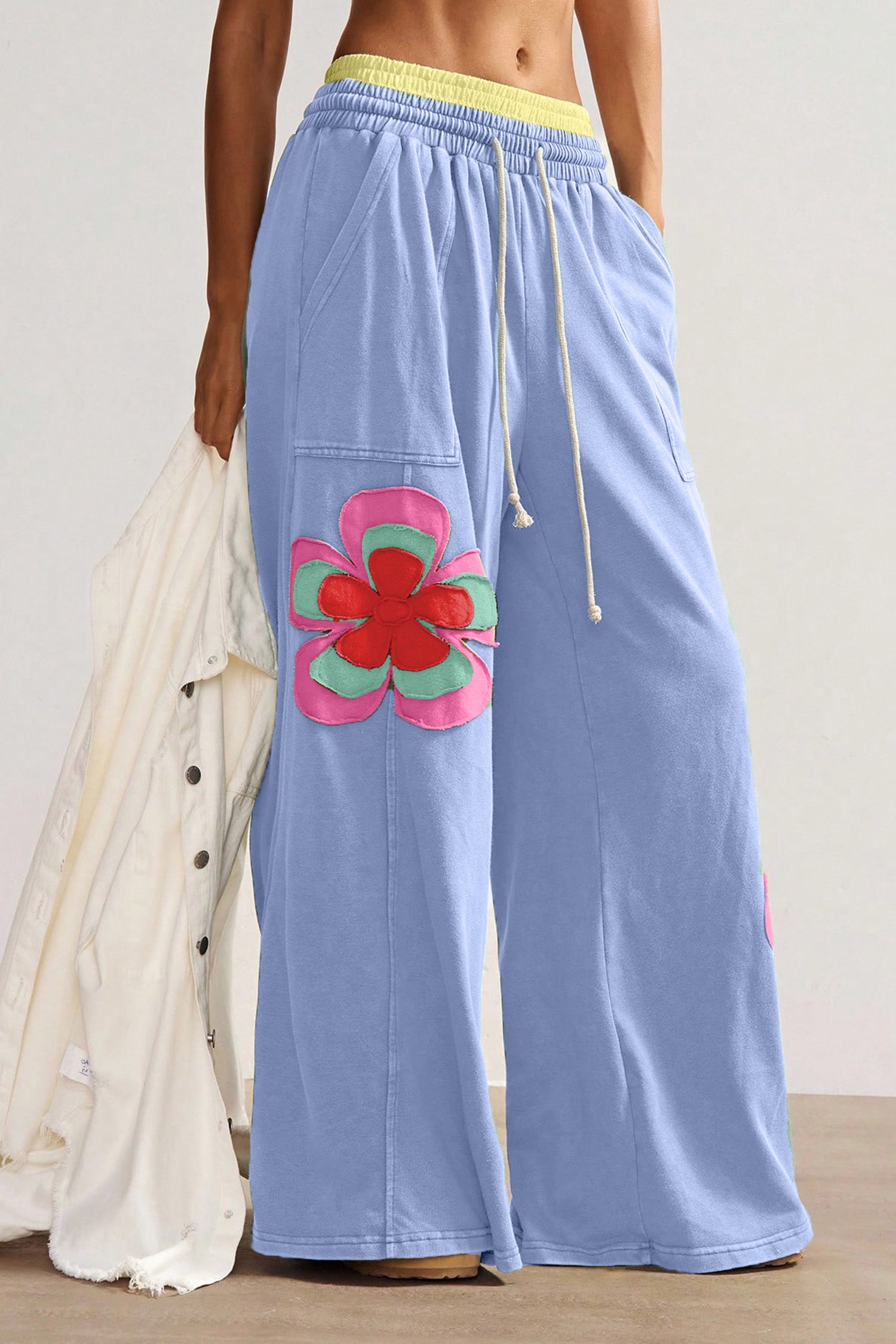 Sky Blue Color Block Flower Patchwork Drawstring Wide Leg Pants