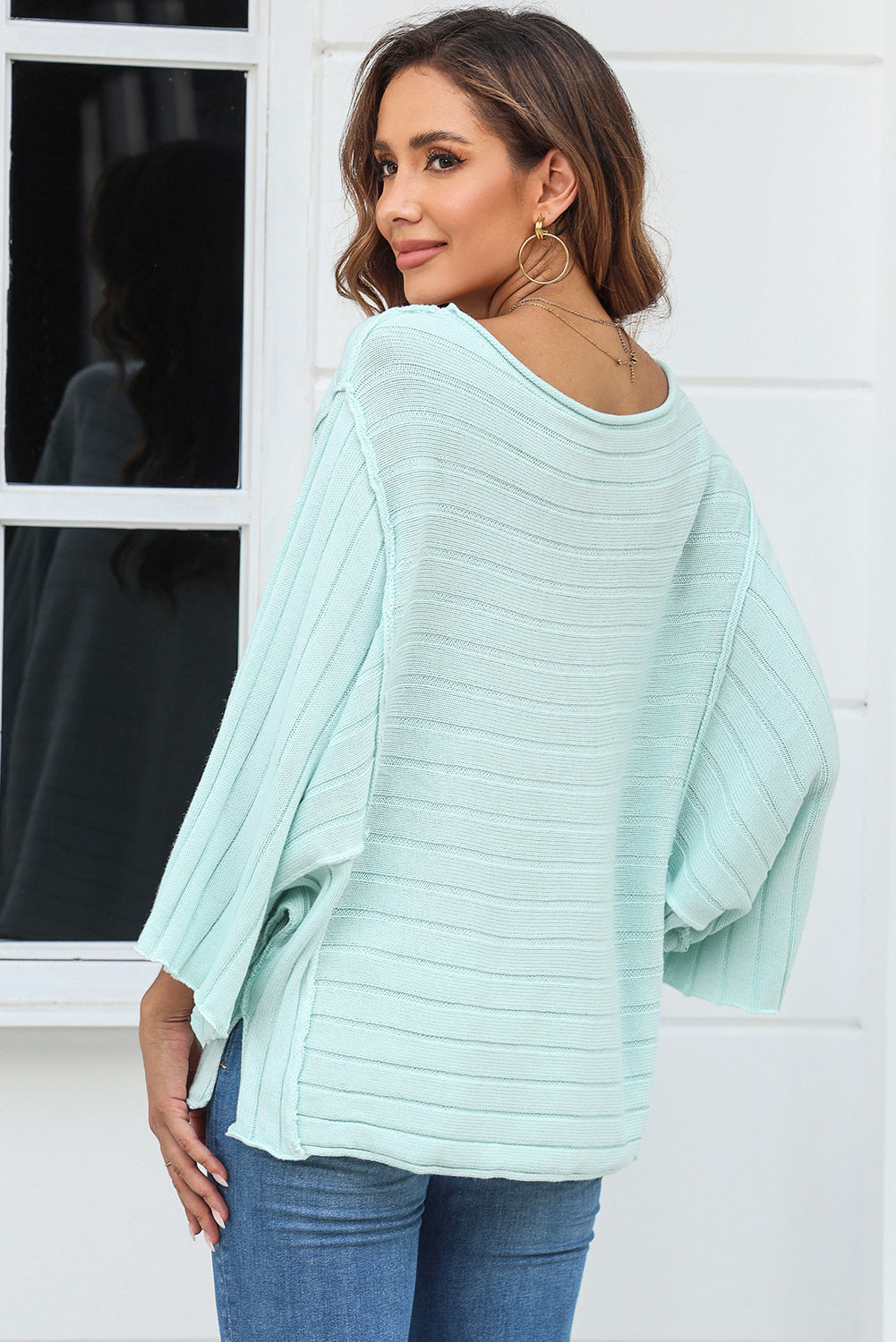 Black Exposed Seam Ribbed Knit Dolman Top eAura