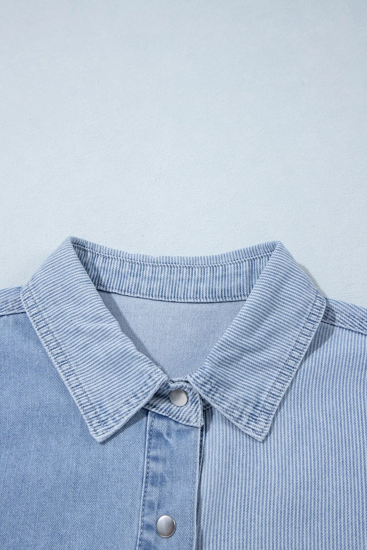 Lightweight Denim Striped Patchwork Button Down Shacket – Beau Blue