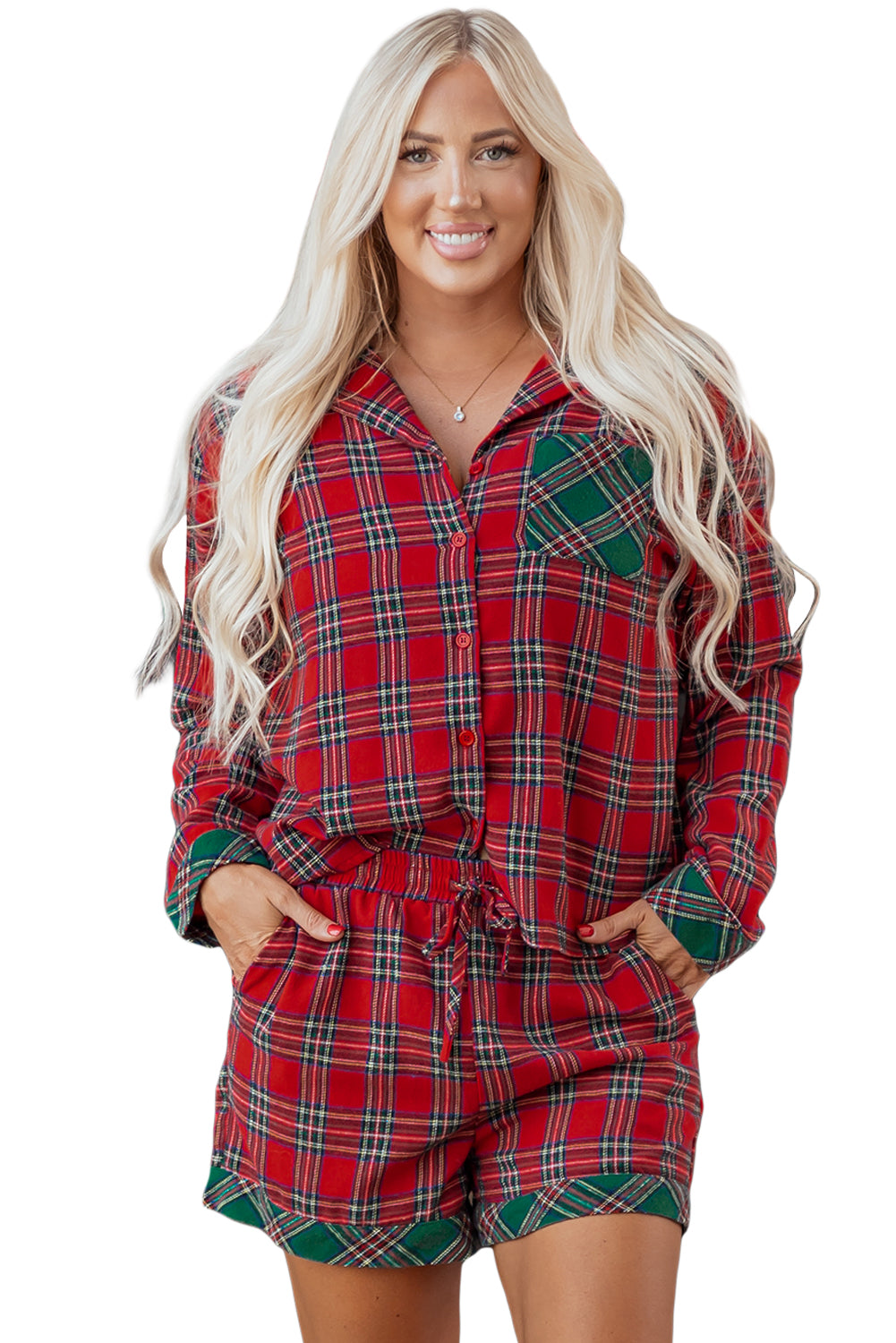 Plaid Contrast Christmas Holiday Long Sleeve Shirt and Shorts Pyjamas - eAura