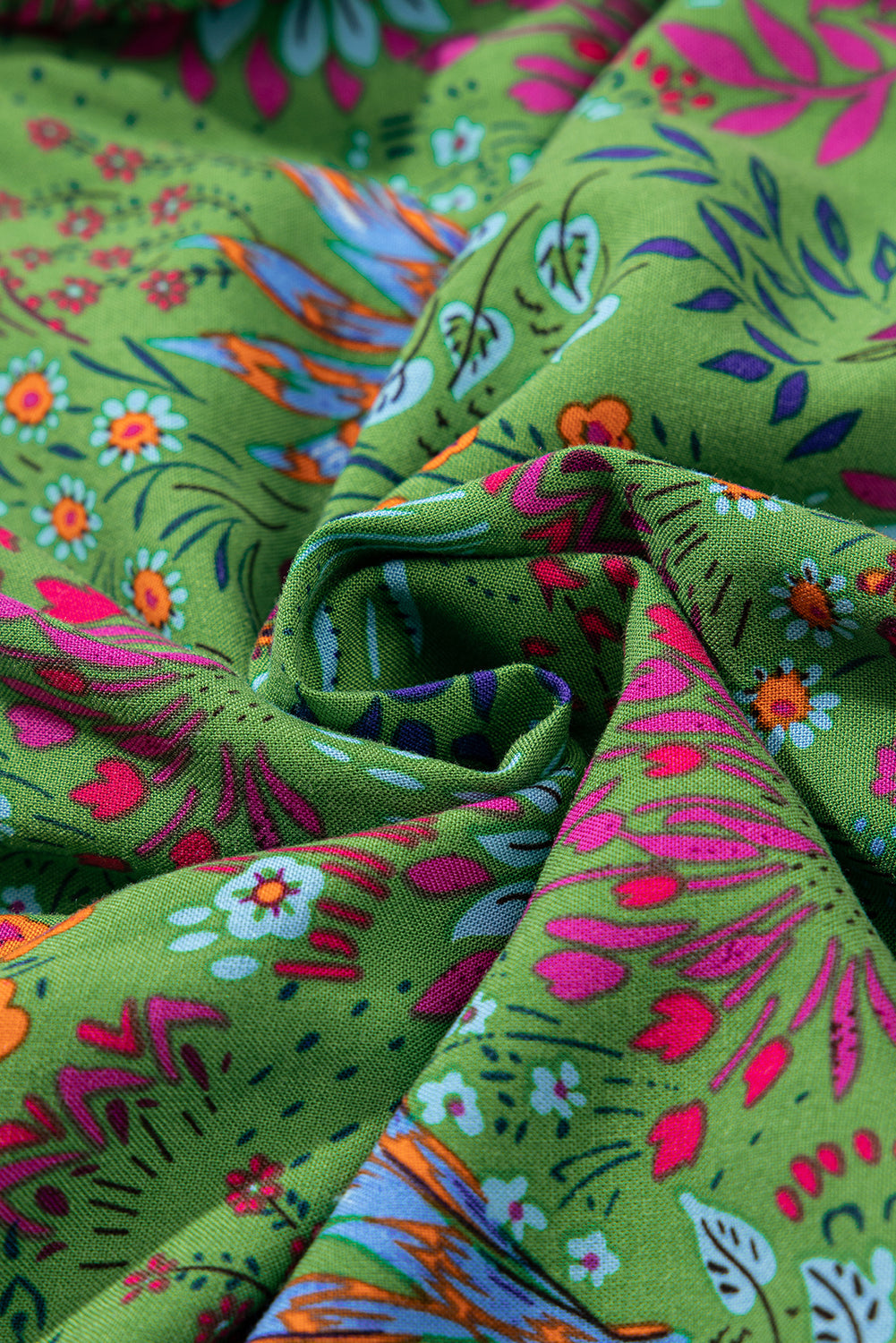 Green Floral Tie Split Neck Frilly Ruffle Trim Tiered Short Dress eAura