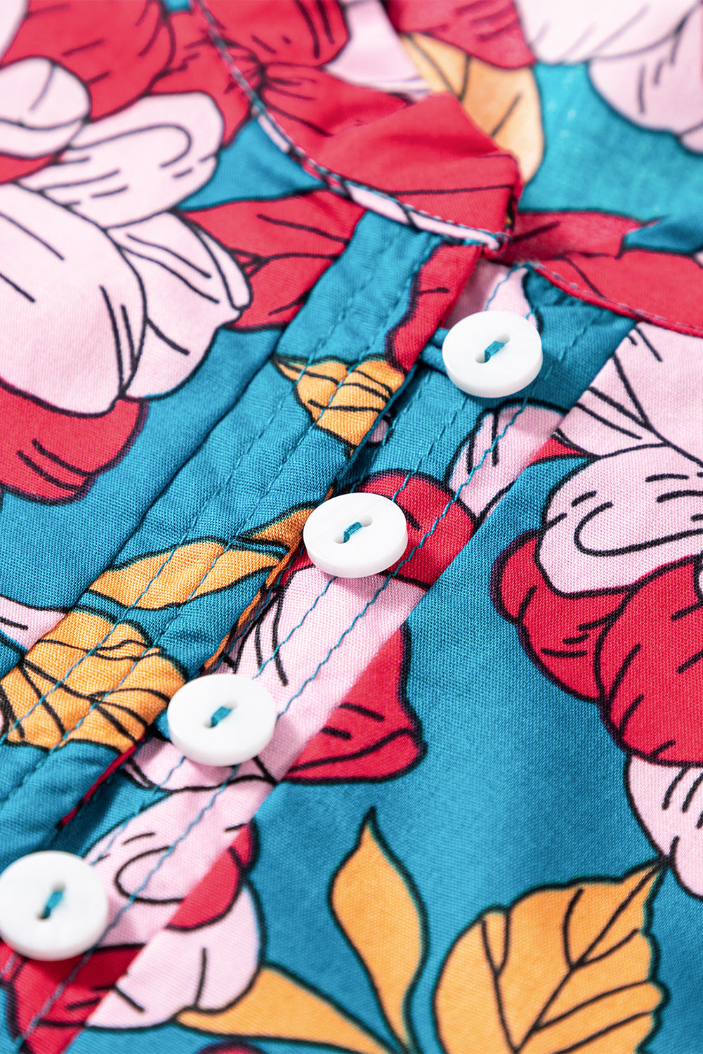 Red Floral Printed Balloon Sleeve Half Buttons Blouse eAura