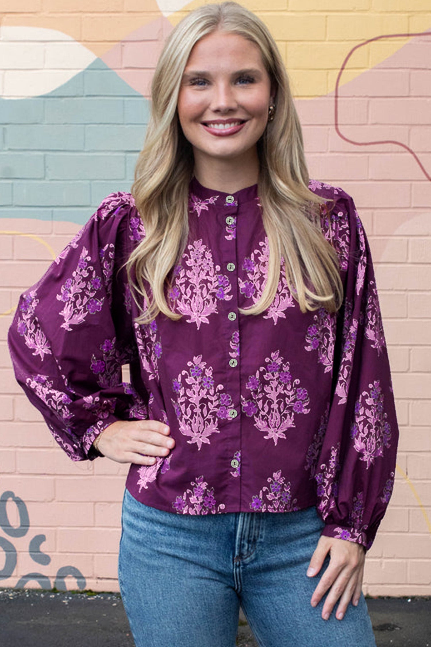 Floral Print Button Front Long Puff Sleeve Shirt – Purple