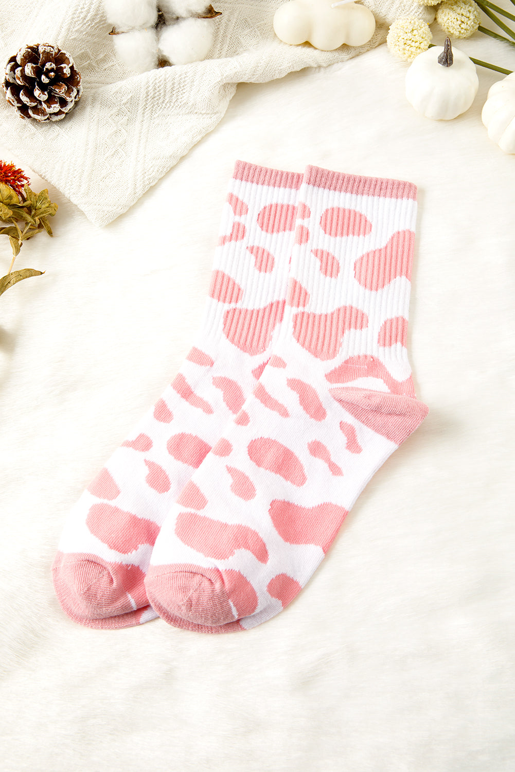Pink Cow Print Crew Socks