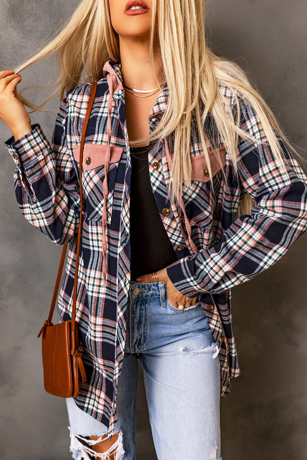 Pink Contrast Hooded Drawstring Plaid Shacket eAura