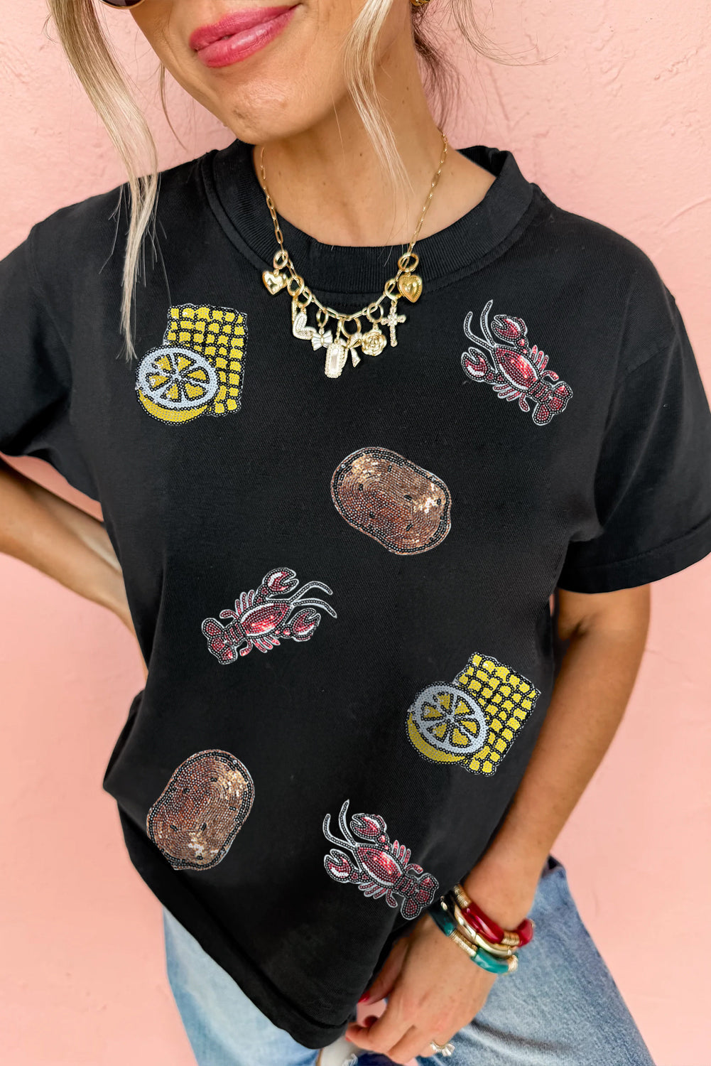 White Sequin Crawfish Potato Lemon Corn Graphic Crewneck T Shirt eAura