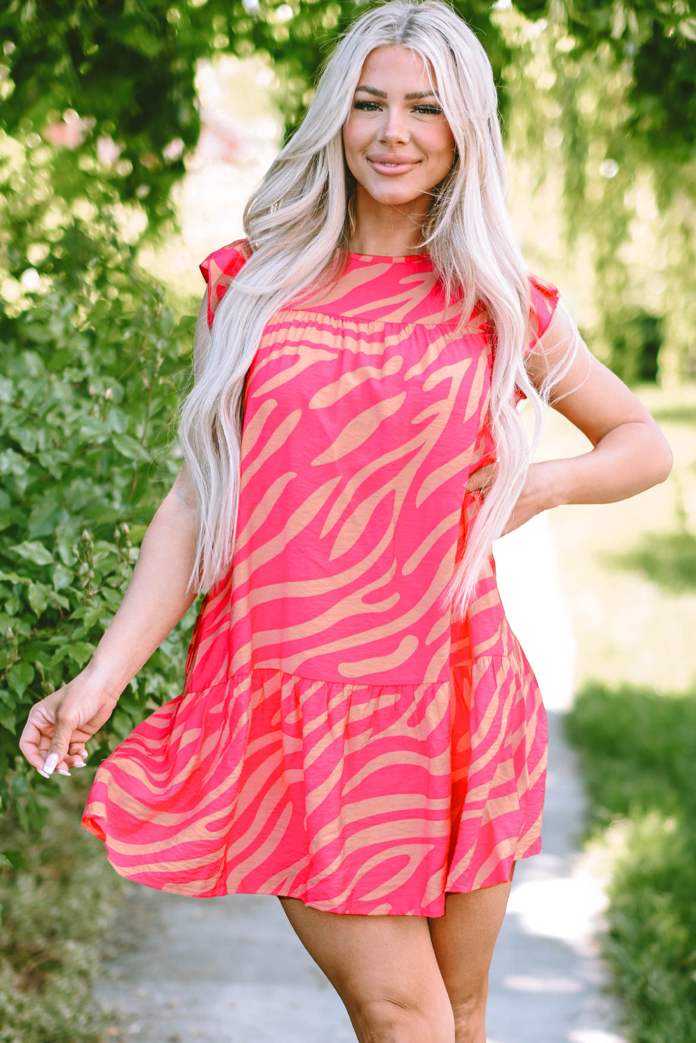 Pink Zebra Stripe Printed Ruffle Trim Pocketed Dress eAura
